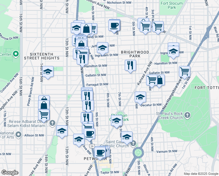 map of restaurants, bars, coffee shops, grocery stores, and more near 4917 Illinois Avenue Northwest in Washington