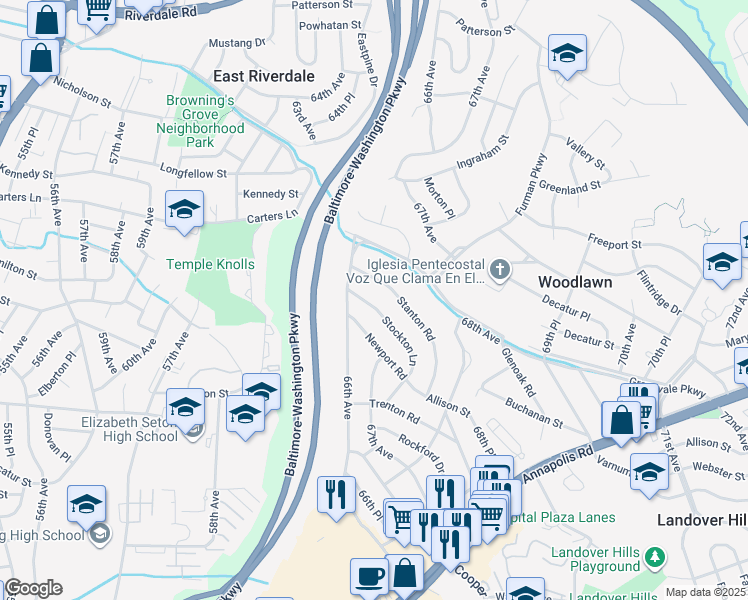 map of restaurants, bars, coffee shops, grocery stores, and more near 6610 Stockton Lane in Hyattsville