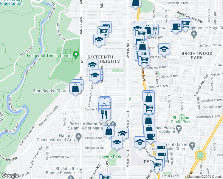 map of restaurants, bars, coffee shops, grocery stores, and more near 1324 Farragut Street Northwest in Washington