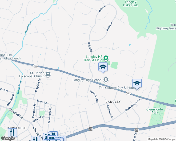 map of restaurants, bars, coffee shops, grocery stores, and more near 6600 Weatheford Court in McLean