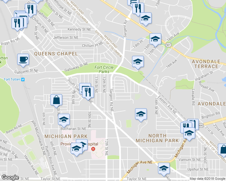 map of restaurants, bars, coffee shops, grocery stores, and more near 5005 Sargent Road Northeast in Washington