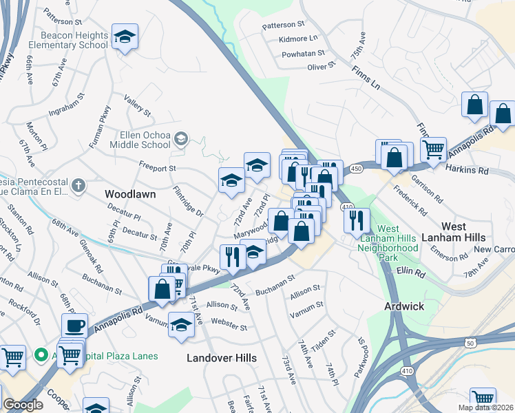 map of restaurants, bars, coffee shops, grocery stores, and more near 5114 72nd Place in Hyattsville