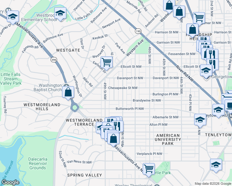 map of restaurants, bars, coffee shops, grocery stores, and more near 4625 Asbury Place Northwest in Washington