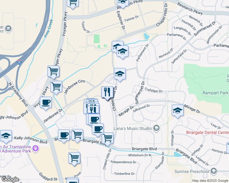 map of restaurants, bars, coffee shops, grocery stores, and more near 1510 Chapel Hills Drive in Colorado Springs