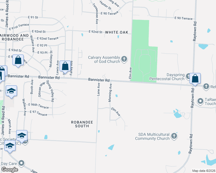 map of restaurants, bars, coffee shops, grocery stores, and more near 9516 Manning Avenue in Kansas City