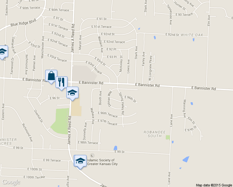 map of restaurants, bars, coffee shops, grocery stores, and more near 9505 Spring Valley Road in Kansas City