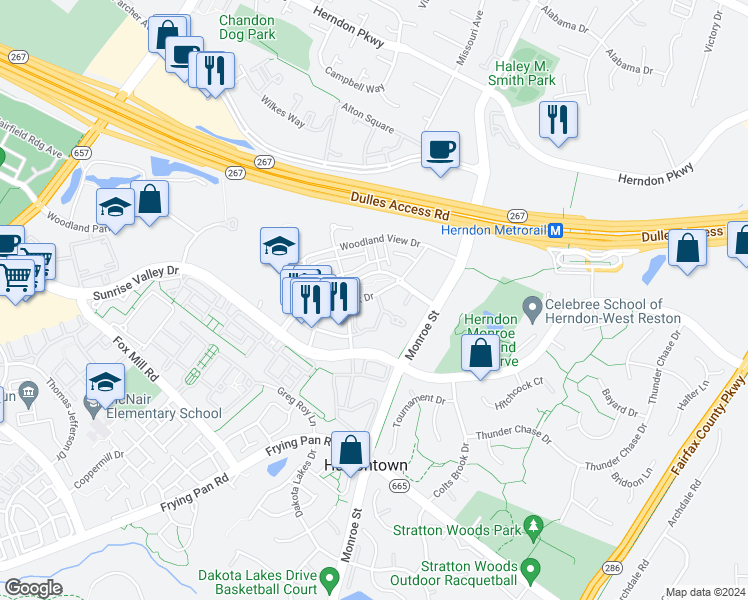 map of restaurants, bars, coffee shops, grocery stores, and more near 12958 Centre Park Circle in Herndon