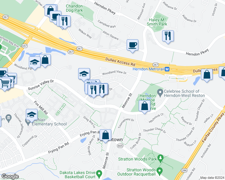 map of restaurants, bars, coffee shops, grocery stores, and more near 12956 Centre Park Circle in Herndon