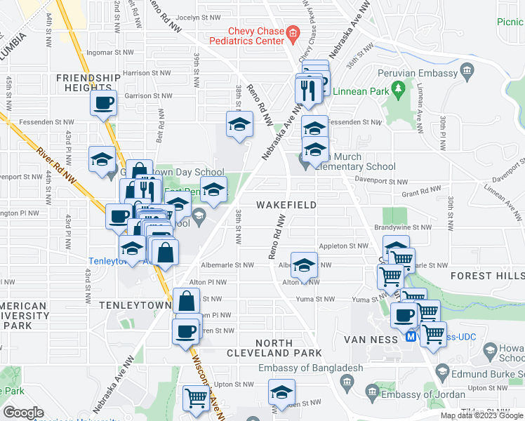 map of restaurants, bars, coffee shops, grocery stores, and more near 3722 Chesapeake Street Northwest in Washington