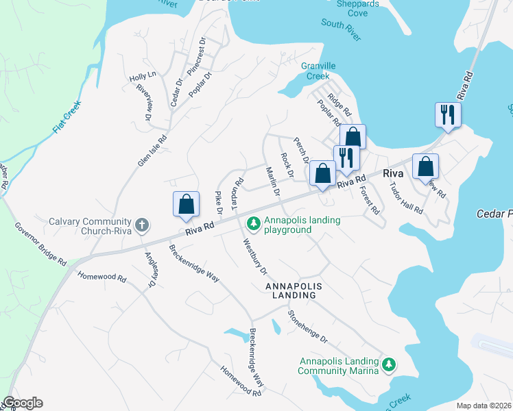 map of restaurants, bars, coffee shops, grocery stores, and more near 3184 Riva Road in Riva