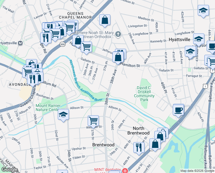 map of restaurants, bars, coffee shops, grocery stores, and more near 5000 38th Avenue in Hyattsville