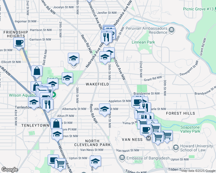 map of restaurants, bars, coffee shops, grocery stores, and more near 4620 36th Street Northwest in Washington