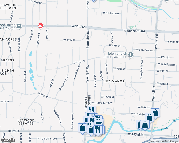 map of restaurants, bars, coffee shops, grocery stores, and more near 9805 State Line Road in Kansas City