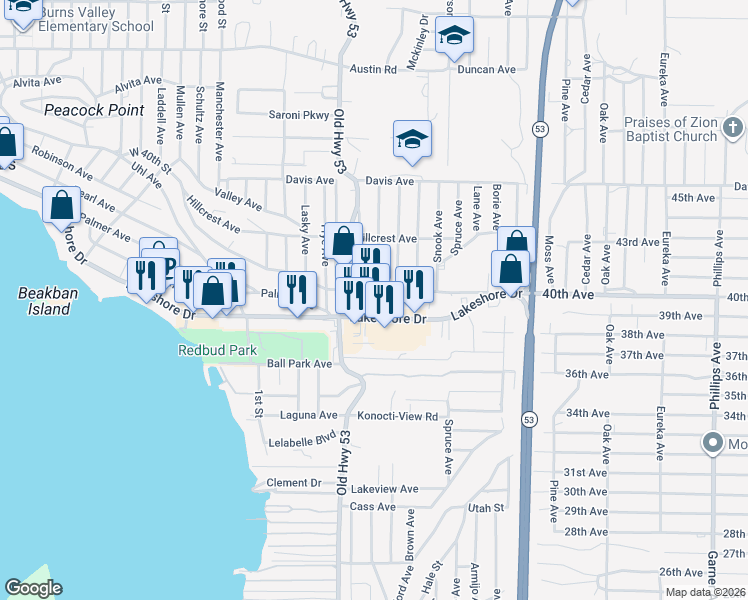 map of restaurants, bars, coffee shops, grocery stores, and more near 15176 Lakeshore Drive in Clearlake