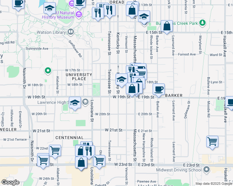 map of restaurants, bars, coffee shops, grocery stores, and more near 1837 Kentucky Street in Lawrence