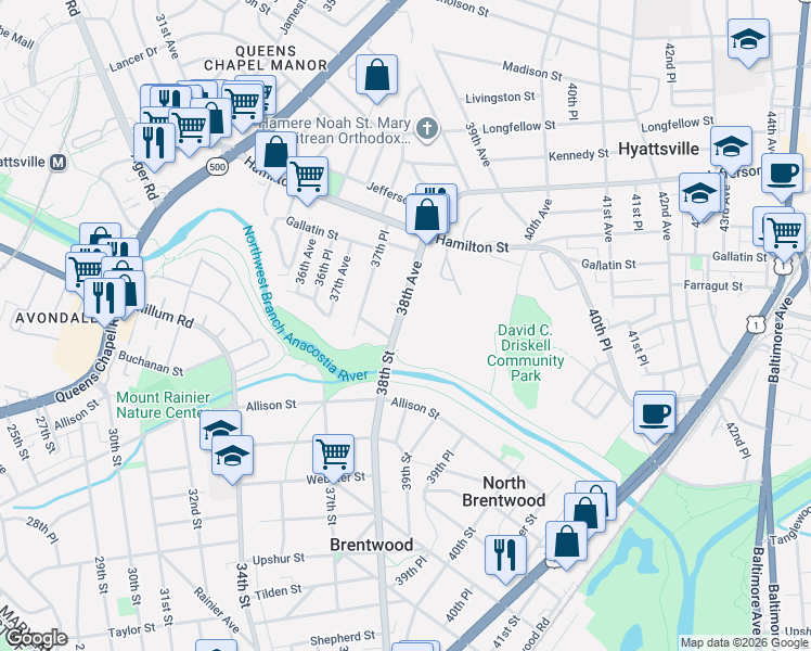 map of restaurants, bars, coffee shops, grocery stores, and more near 4933 38th Avenue in Hyattsville