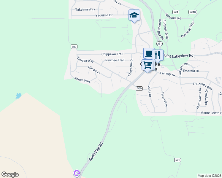 map of restaurants, bars, coffee shops, grocery stores, and more near 5611 Cherokee Drive in Kelseyville