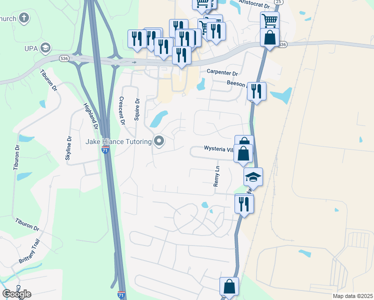 map of restaurants, bars, coffee shops, grocery stores, and more near 384 Wysteria Village Drive in Florence