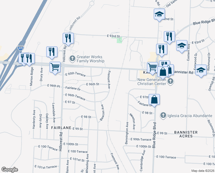 map of restaurants, bars, coffee shops, grocery stores, and more near 6307 East 96th Street in Kansas City