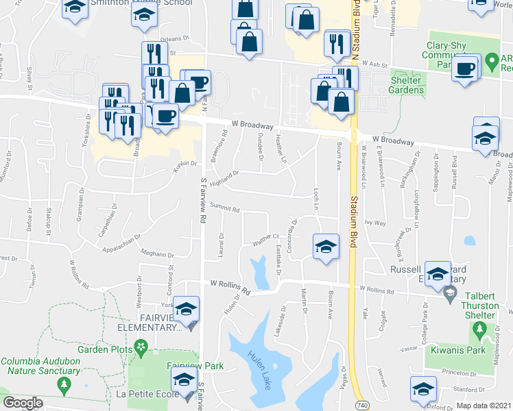 map of restaurants, bars, coffee shops, grocery stores, and more near 2623 Summit Road in Columbia