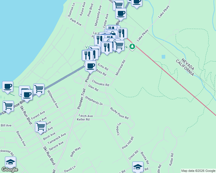 map of restaurants, bars, coffee shops, grocery stores, and more near 1074 Chonokis Rd in South Lake Tahoe