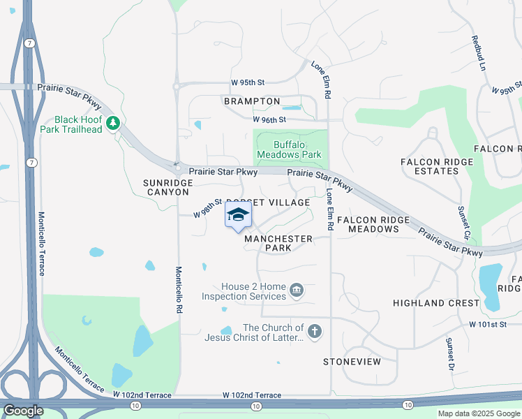 map of restaurants, bars, coffee shops, grocery stores, and more near 9815 Prairie Creek Rd in Lenexa