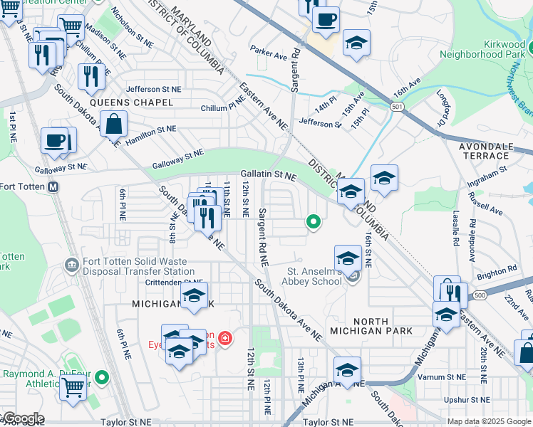 map of restaurants, bars, coffee shops, grocery stores, and more near 5005 Sargent Road Northeast in Washington