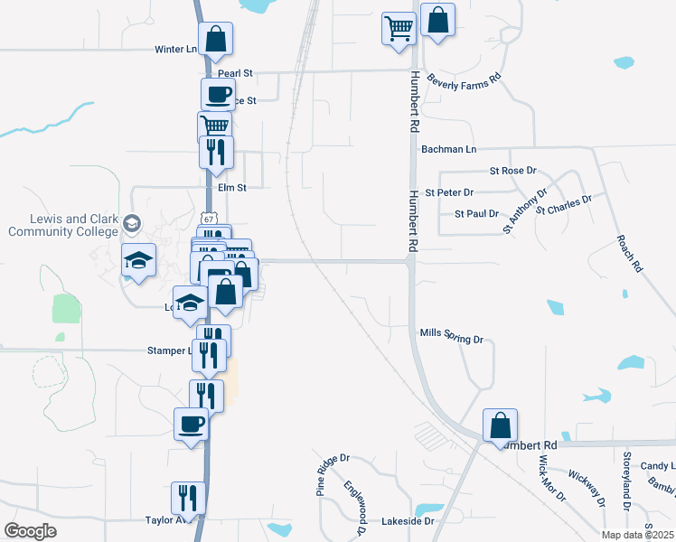 map of restaurants, bars, coffee shops, grocery stores, and more near 225 Tolle Lane in Godfrey