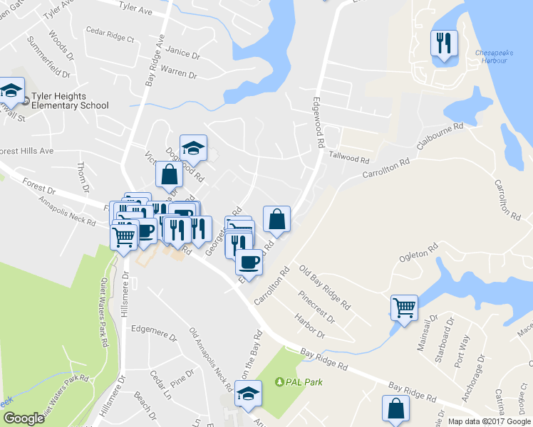 map of restaurants, bars, coffee shops, grocery stores, and more near 12 Silverwood Circle in Annapolis