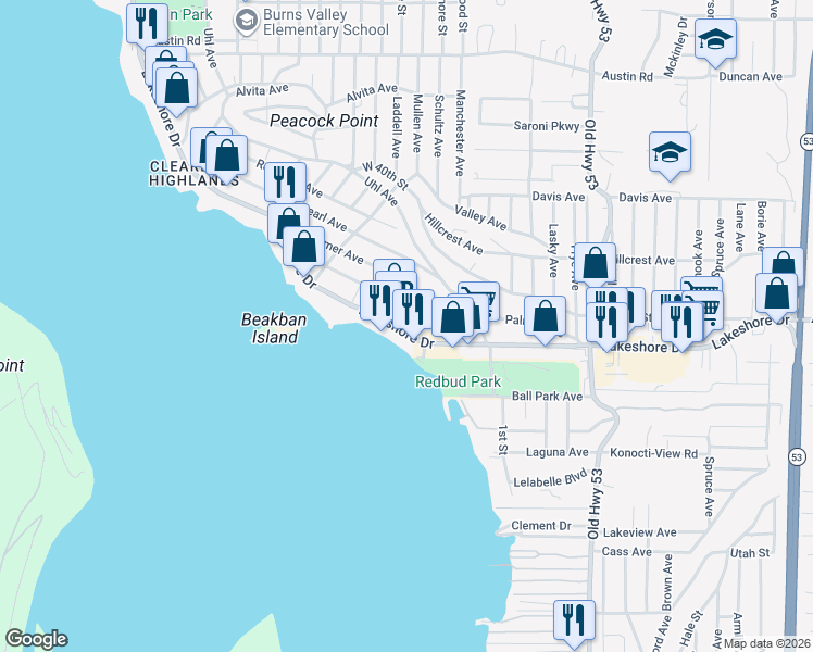 map of restaurants, bars, coffee shops, grocery stores, and more near 14634 Lakeshore Drive in Clearlake