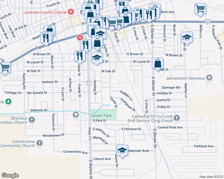 map of restaurants, bars, coffee shops, grocery stores, and more near 801 Garden Avenue in Seymour