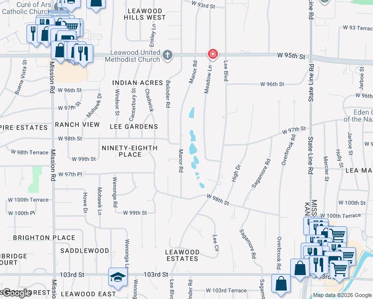 map of restaurants, bars, coffee shops, grocery stores, and more near 9701 Manor Road in Leawood