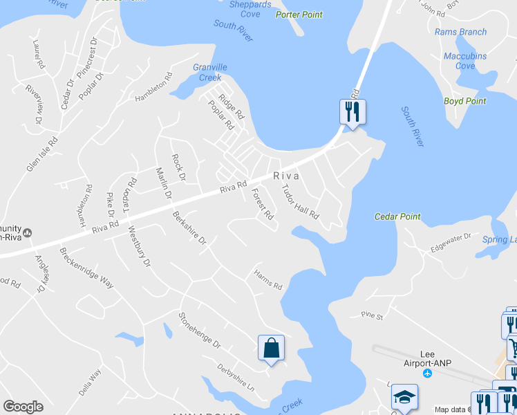 map of restaurants, bars, coffee shops, grocery stores, and more near 510 Forest Road in Riva