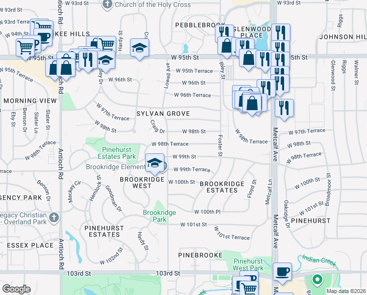 map of restaurants, bars, coffee shops, grocery stores, and more near 7801 West 98th Terrace in Overland Park