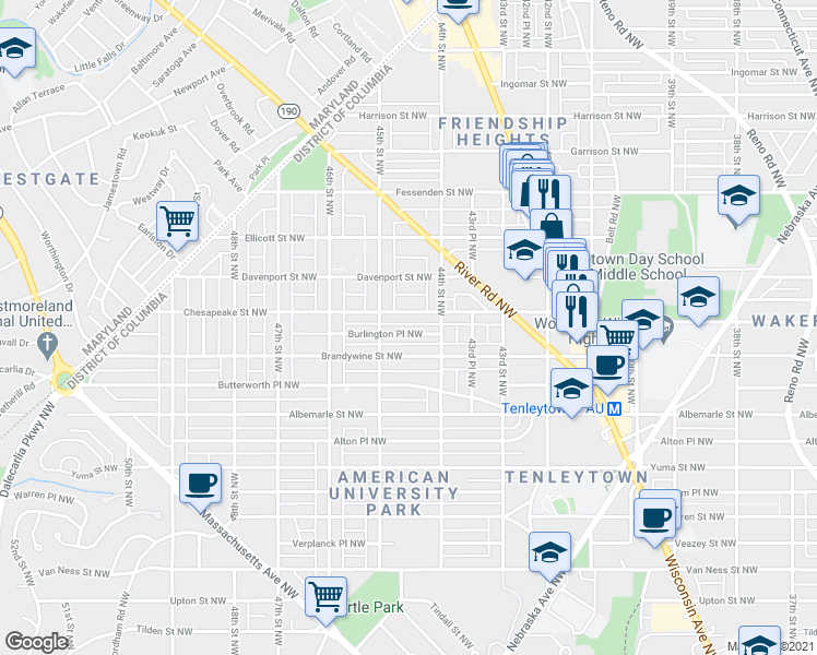 map of restaurants, bars, coffee shops, grocery stores, and more near 4425 Burlington Place Northwest in Washington