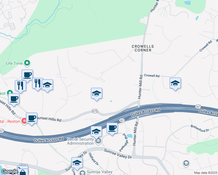 map of restaurants, bars, coffee shops, grocery stores, and more near 10718 Sunset Hills Road in Reston
