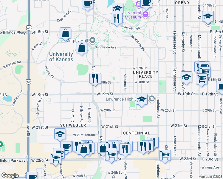 map of restaurants, bars, coffee shops, grocery stores, and more near 1820 Missouri Street in Lawrence