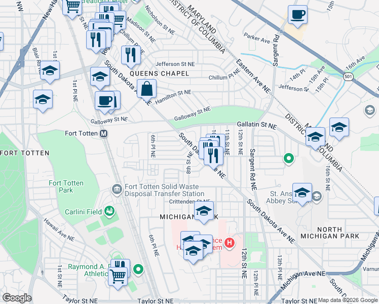 map of restaurants, bars, coffee shops, grocery stores, and more near 101 Independence Avenue Southeast in Washington