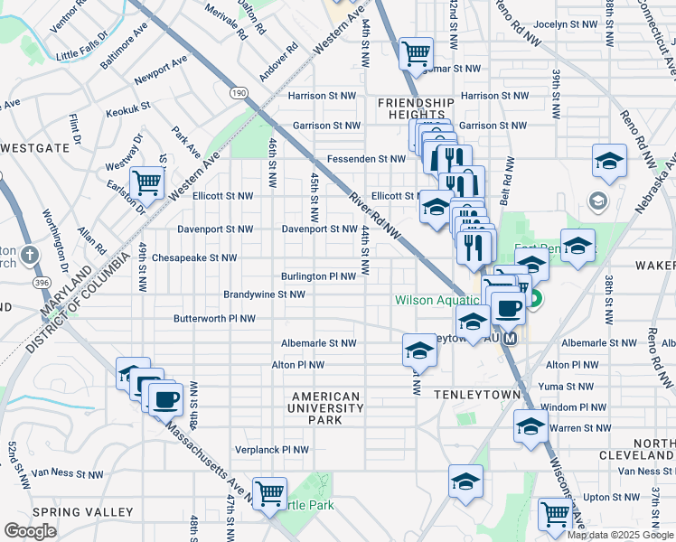 map of restaurants, bars, coffee shops, grocery stores, and more near 4425 Burlington Place Northwest in Washington