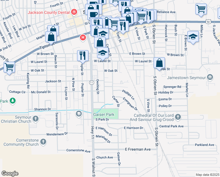 map of restaurants, bars, coffee shops, grocery stores, and more near 801 Garden Avenue in Seymour