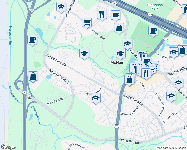 map of restaurants, bars, coffee shops, grocery stores, and more near 2520 Einstein Street in Herndon