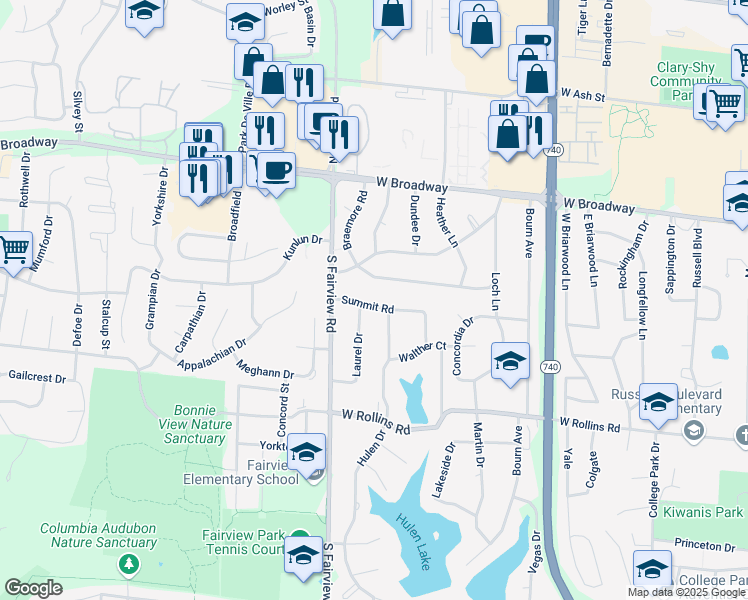 map of restaurants, bars, coffee shops, grocery stores, and more near 2705A Summit Road in Columbia
