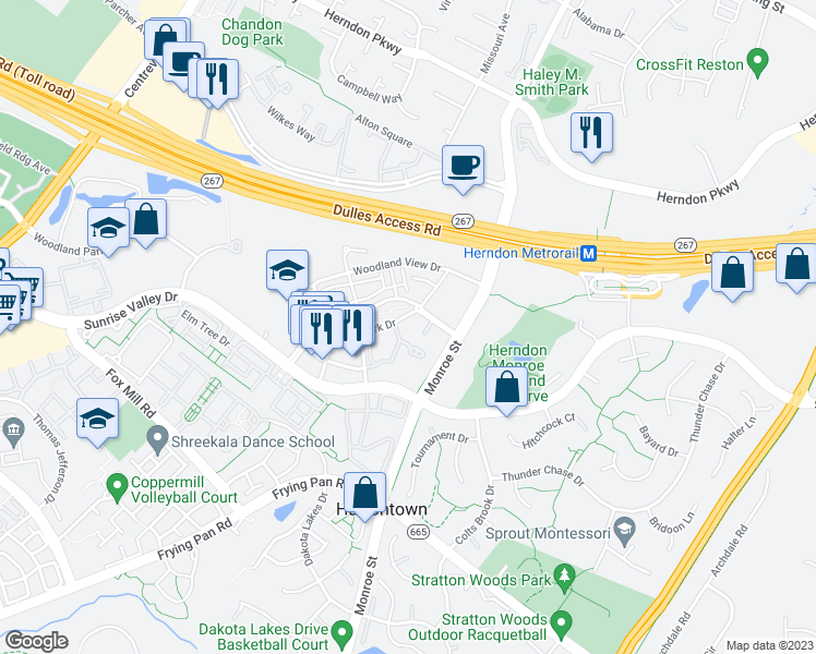 map of restaurants, bars, coffee shops, grocery stores, and more near 12953 Centre Park Circle in Herndon