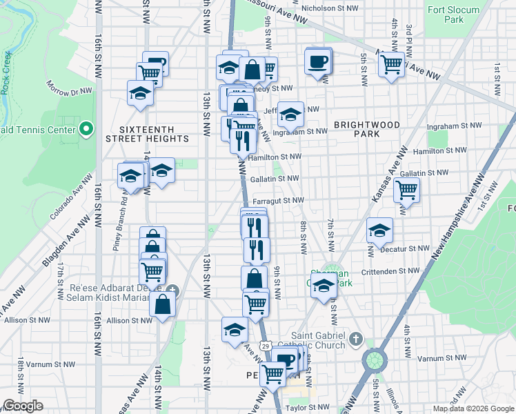 map of restaurants, bars, coffee shops, grocery stores, and more near 920 Farragut Street Northwest in Washington