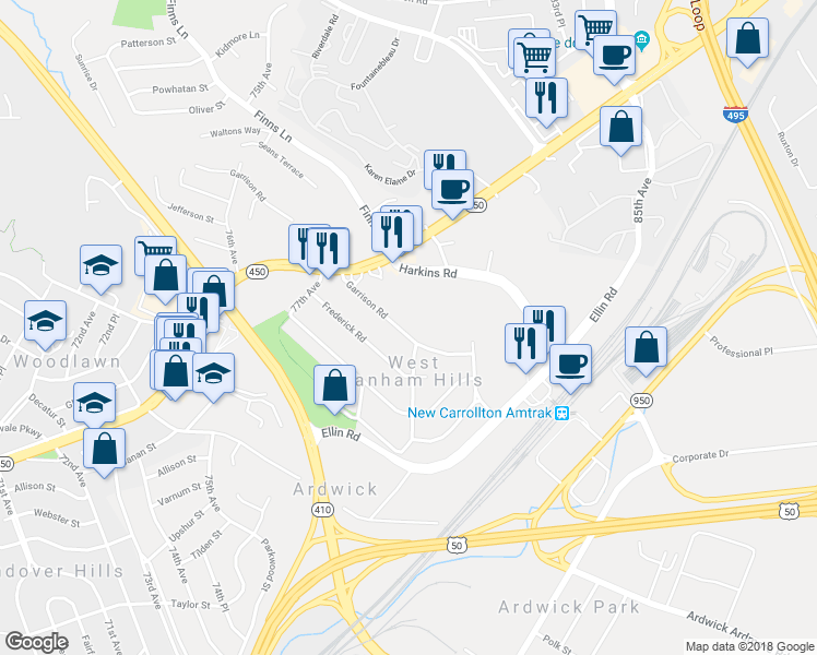 map of restaurants, bars, coffee shops, grocery stores, and more near 7730 Garrison Road in Hyattsville