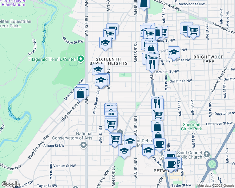 map of restaurants, bars, coffee shops, grocery stores, and more near 1326 Farragut Street Northwest in Washington