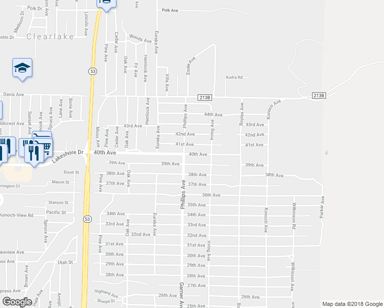 map of restaurants, bars, coffee shops, grocery stores, and more near 15933 40th Avenue in Clearlake