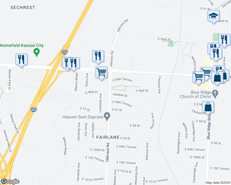 map of restaurants, bars, coffee shops, grocery stores, and more near 5806 Fairlane Drive in Kansas City