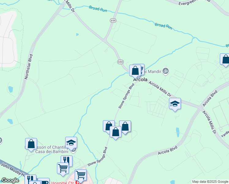 map of restaurants, bars, coffee shops, grocery stores, and more near 42358 Southfork Court in Sterling