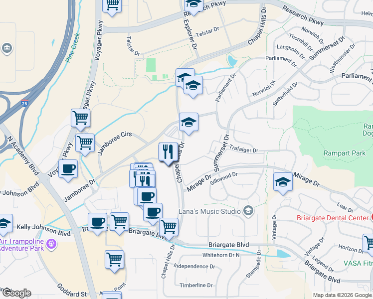 map of restaurants, bars, coffee shops, grocery stores, and more near 1470 Chapel Hills Drive in Colorado Springs